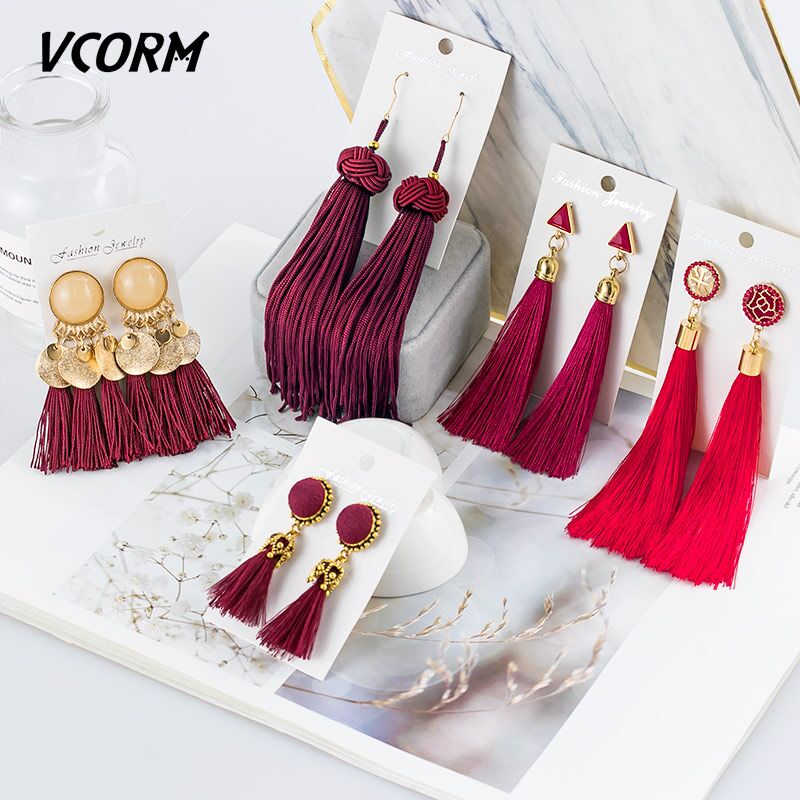 VCORM Bohemian Tassel Crystal Long Drop Earrings for Women | Monee Patrice Elite Handbag and Accessory Collection.