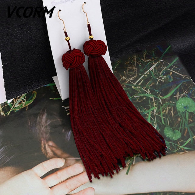 VCORM Bohemian Tassel Crystal Long Drop Earrings for Women | Monee Patrice Elite Handbag and Accessory Collection.