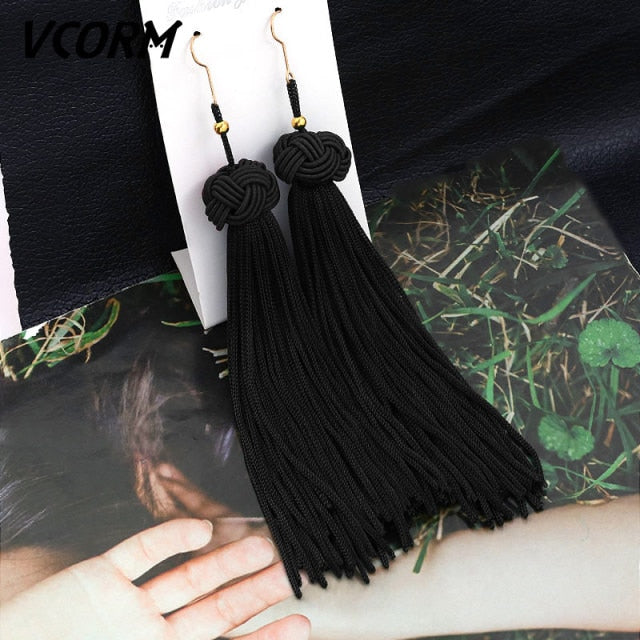 VCORM Bohemian Tassel Crystal Long Drop Earrings for Women | Monee Patrice Elite Handbag and Accessory Collection.