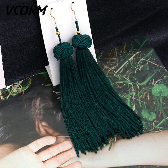 VCORM Bohemian Tassel Crystal Long Drop Earrings for Women | Monee Patrice Elite Handbag and Accessory Collection.