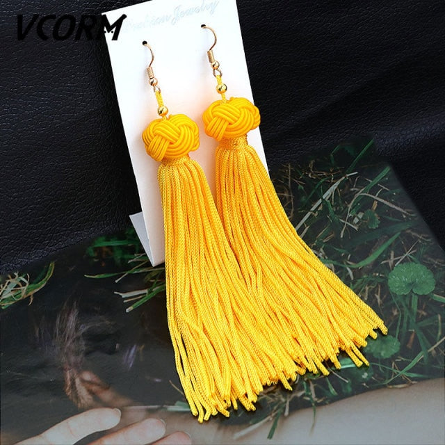 VCORM Bohemian Tassel Crystal Long Drop Earrings for Women | Monee Patrice Elite Handbag and Accessory Collection.