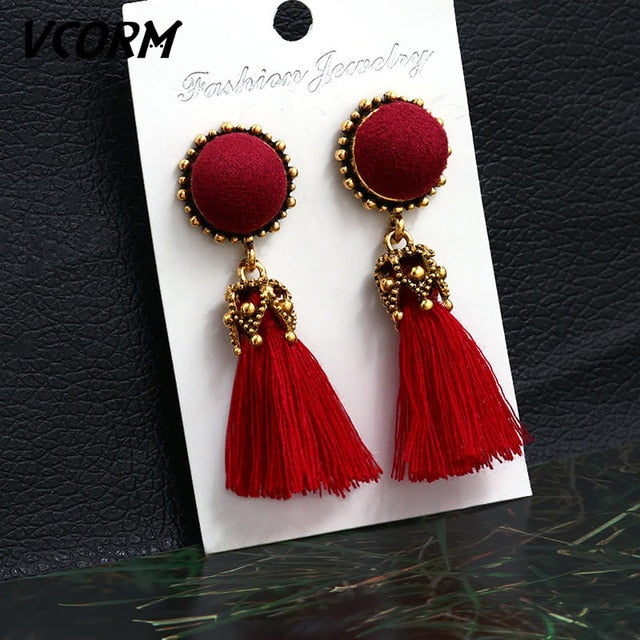 VCORM Bohemian Tassel Crystal Long Drop Earrings for Women | Monee Patrice Elite Handbag and Accessory Collection.