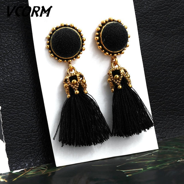 VCORM Bohemian Tassel Crystal Long Drop Earrings for Women | Monee Patrice Elite Handbag and Accessory Collection.