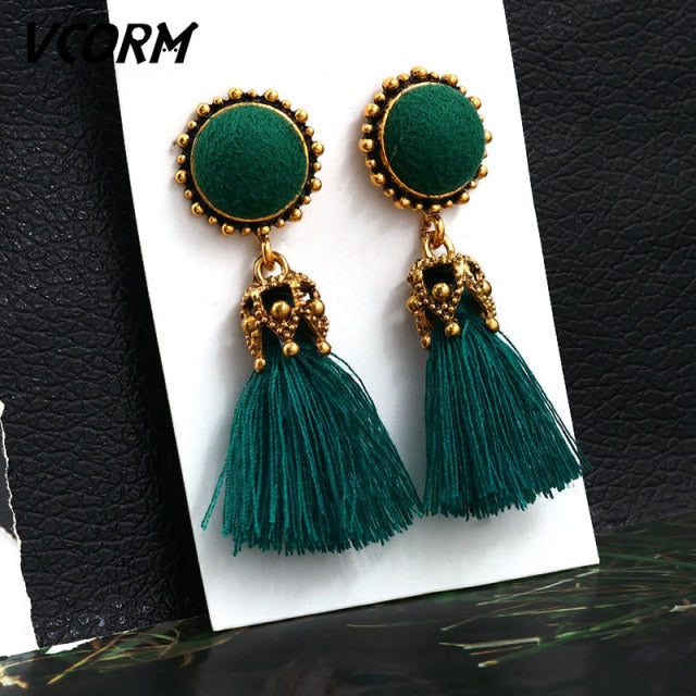 VCORM Bohemian Tassel Crystal Long Drop Earrings for Women | Monee Patrice Elite Handbag and Accessory Collection.