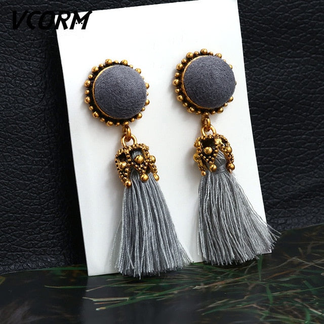 VCORM Bohemian Tassel Crystal Long Drop Earrings for Women | Monee Patrice Elite Handbag and Accessory Collection.