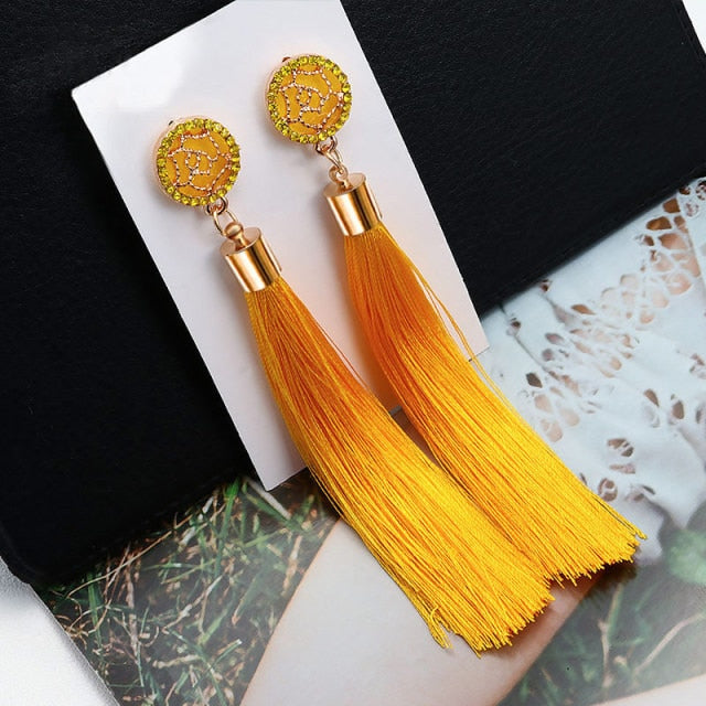 VCORM Bohemian Tassel Crystal Long Drop Earrings for Women | Monee Patrice Elite Handbag and Accessory Collection.