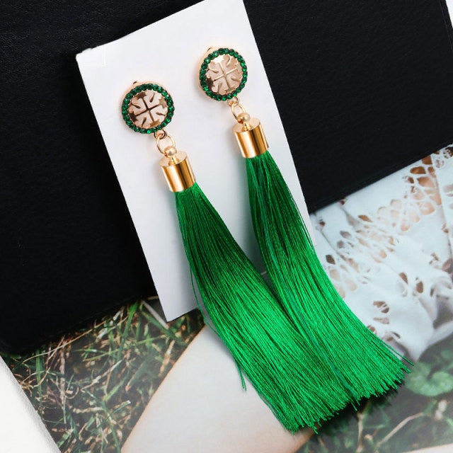 VCORM Bohemian Tassel Crystal Long Drop Earrings for Women | Monee Patrice Elite Handbag and Accessory Collection.