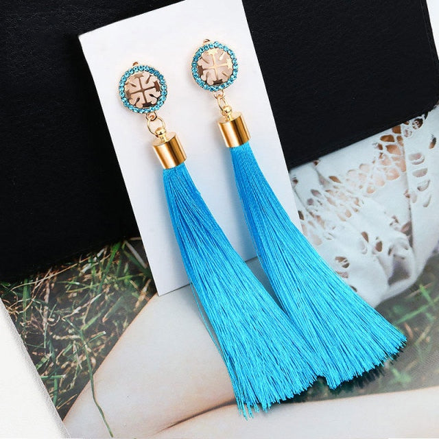 VCORM Bohemian Tassel Crystal Long Drop Earrings for Women | Monee Patrice Elite Handbag and Accessory Collection.