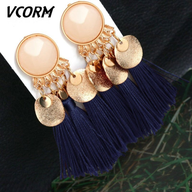 VCORM Bohemian Tassel Crystal Long Drop Earrings for Women | Monee Patrice Elite Handbag and Accessory Collection.