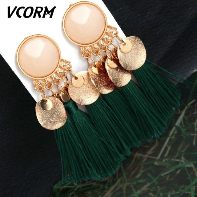 VCORM Bohemian Tassel Crystal Long Drop Earrings for Women | Monee Patrice Elite Handbag and Accessory Collection.