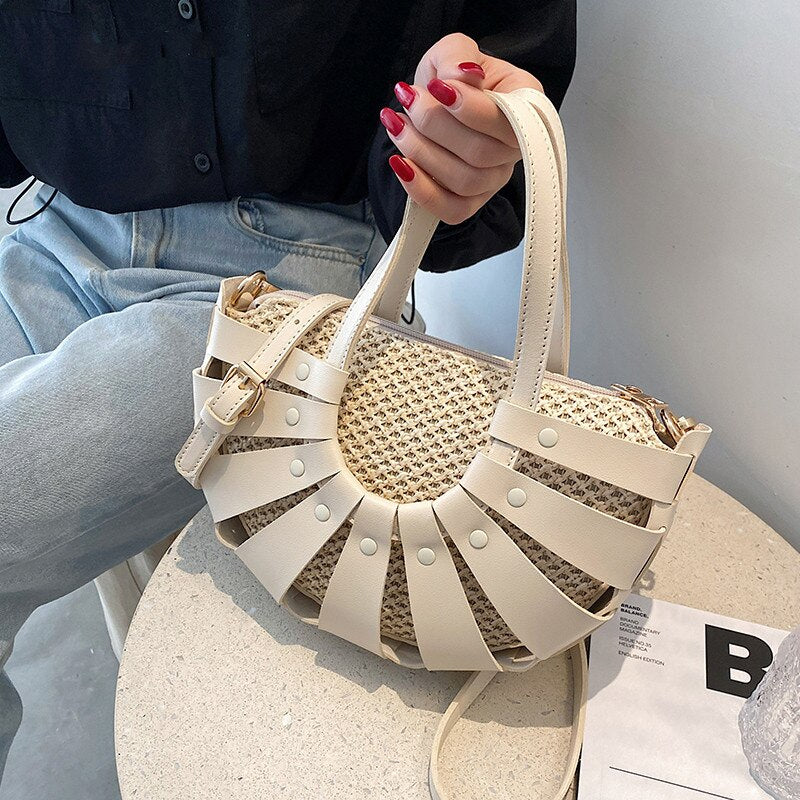 Straw Semicircle Design Small Tote Bags for Women Summer Beach Woven Shoulder Crossbody Bag Female Travel PU Designer Handbags | Monee Patrice Elite Handbag and Accessory Collection.