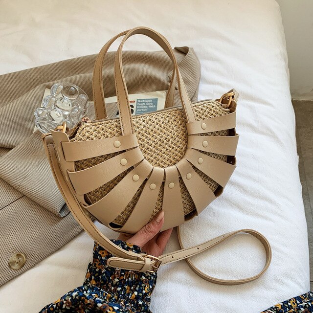 Straw Semicircle Design Small Tote Bags for Women Summer Beach Woven Shoulder Crossbody Bag Female Travel PU Designer Handbags | Monee Patrice Elite Handbag and Accessory Collection.